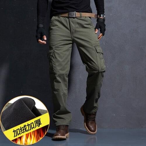 Autumn Winter Mens Thick Fleece Thermal Straight Multi Pocket Pants Male Outdoor Climbing Hunting Riding Warm Windproof Trousers