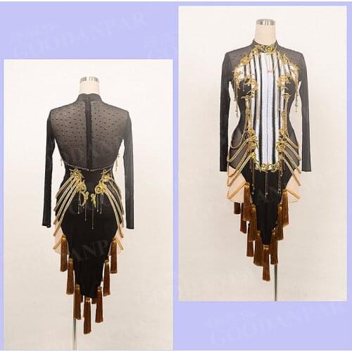GOODANPAR fringe zipper mesh lycra Standard Latin Dance Dress Women with bodysuit bra cups Samba Salsa competition costume
