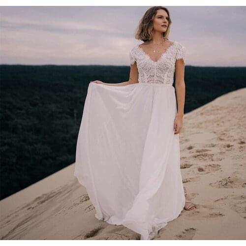 Simple Beach Chiffon Wedding Dresses Boho Lace Short Cap Sleeves Bridal Gowns V Neck Robe De Mariee A-Line Ivory Floor Length