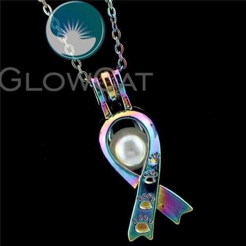 R-C646 Rainbow Colors Ribbon Cat Paw Print Beads Cage Pendant Perfume Diffuser Aromatherapy Oyster Pearl Cage Locket Necklace