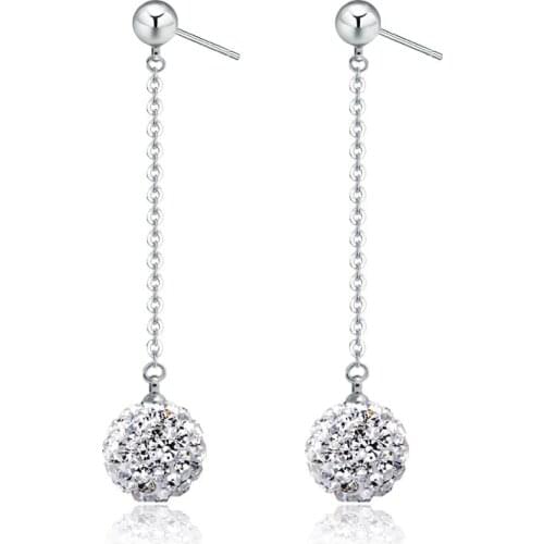 S925 Silver Earring Pave Ball Long Tassel with Crystals Drop Earring For Women Wedding Gift Lady Girl Fashion Jewelry