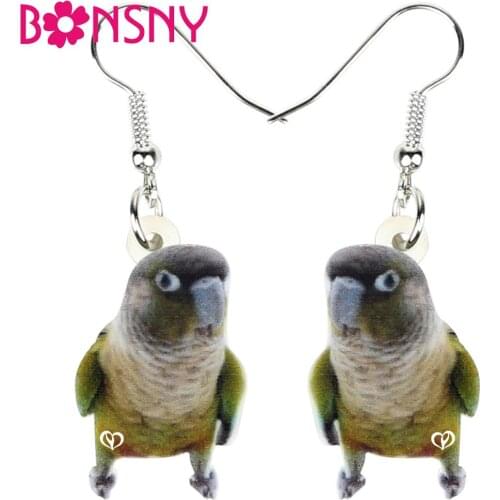 Bonsny Acrylic Stupid Green Cheek Parrot Bird Earrings Dangle Drop Fashion Bird Design Jewelry For Women Girls Charm Lots Gift