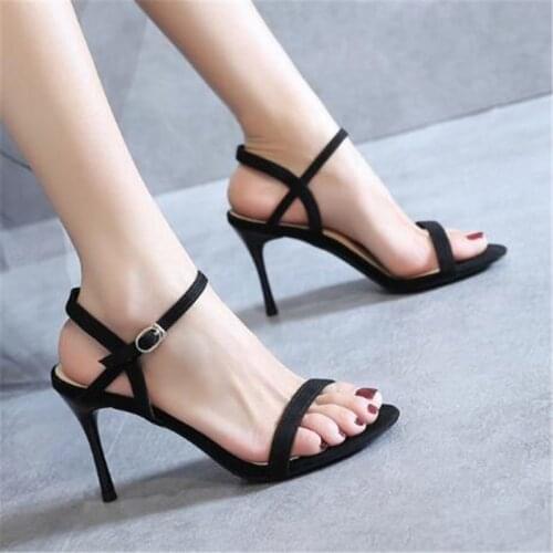 Women sandals Flock Buckle Strap 6CM 8CM Thin Heels High heels Round Toe Shallow sandal women shoes 2020 size 35-42 black Beige
