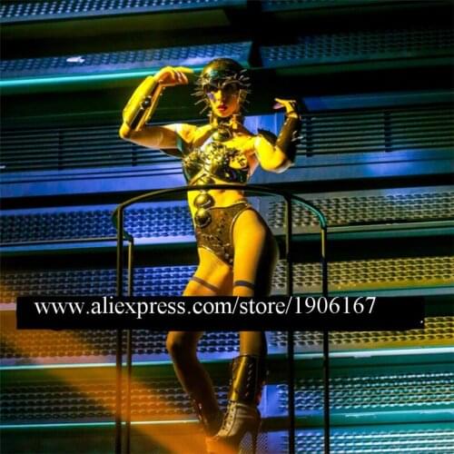 Gold Mirror Woman Robot Suit Armor Stage Dance Costumes Party Dress Wears Rivet Outfits Helmet Show Bodysuit Halloween Clothes
