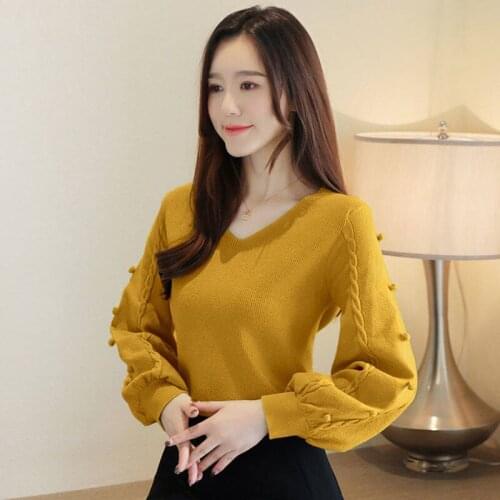 Womens Sweater Drawstring Lantern Sleeve Bottoming Shirt Ropa Mujies New Loose V-Neck Was Thin Outer Knitwear Top