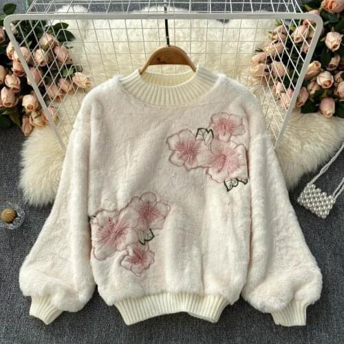WIGADFHK 2021 Autumn And Winter New Retro Embroidery Beaded Sweater Loose And Thin Plush Sweater Top Women Tide