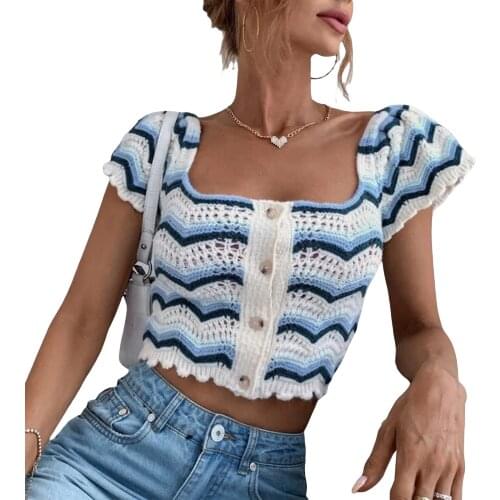 2021 Fashion Women Button Down Crop Tops Short Sleeve Wavy Striped Print Crochet Knit T-Shirts