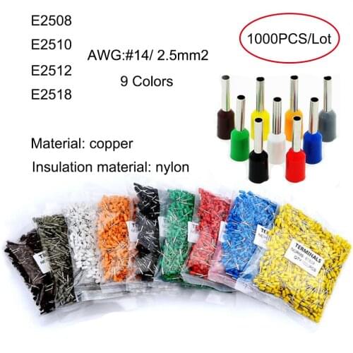 1000PCS Terminal E2508 E2510 E2512 E2518 AWG14 cable size 2.5mm2 Insulated cord end terminal wire cable plug connector 9 colors
