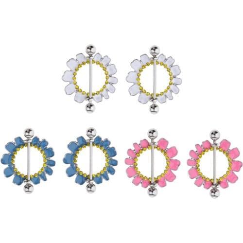 2 Pieces Nipple Gem Rhinestone Paved Circle Sunflower Daisy Shield Nipple Ring Barbell Ball Closure 14/16 gauge