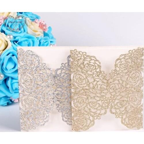 50Pcs Romantic Laser Cut Flowers Invitation Getting Card Glitter Paper Wedding Invitation Cards Wedding Party Supplies