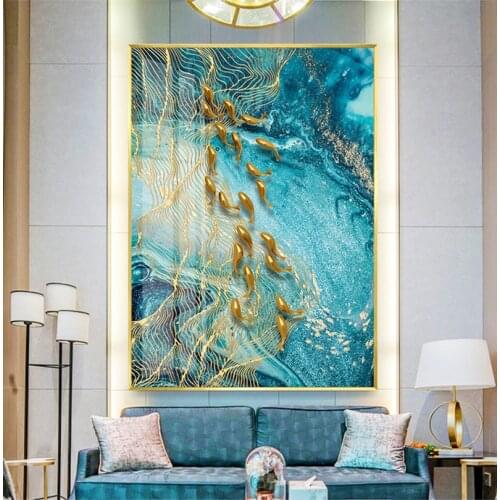 Abstract Gold Fish Canvas Painting Nordic Marble Decor Japanese Print Big Gold Poster Wall Art for Living Room Modern Tableaux