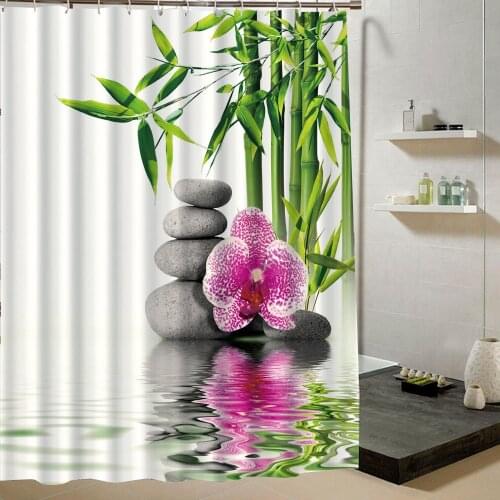 Chinese Countryside Style Bamboo Water Fountain and Flower In Water Relaxing Fabric Shower Curtain for Bathroom Decor