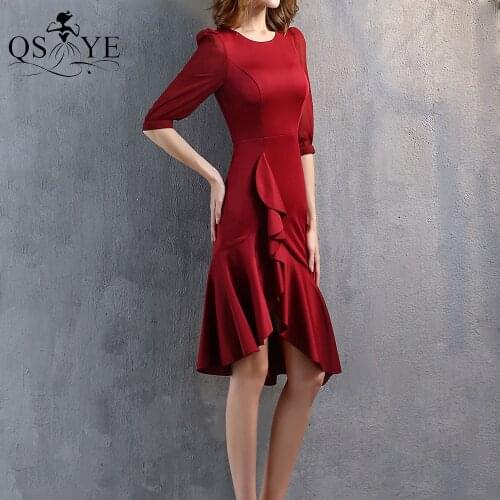 Burgundy Short Mermaid Prom Dresses 2021 Elastic Ruched Evening Gown Scoop Neck Formal Gowns Short Red Half Sleeves Party Gown