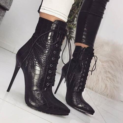 Women Ankle Spring/Autumn Boots PU Leather Pattern Pointed Toe Lace Up Thin High Heels Shoes Sexy Fashion Chelsea Boots