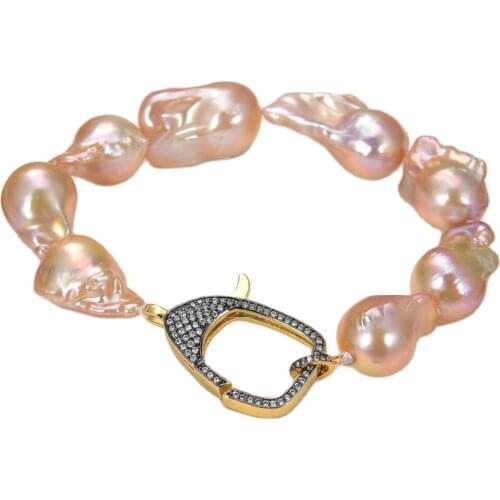 JK 8" High Quality Natural Pink Keshi Baroque Pearl Bracelet Gold Plated CZ Clasp Lady Jewelry