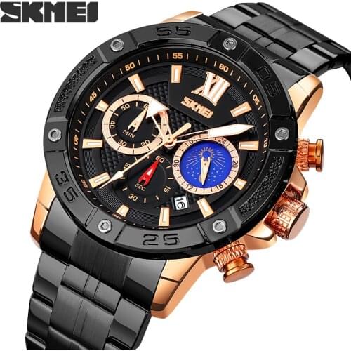 SKMEI New Mens Watches Original Promotion Mens Wrist Watch Stainless Steel Watch for Men Waterproof Stopwatch Quartz Watch Men