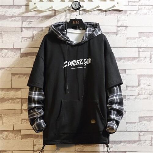 Black Patchwork Hoodies Autumn Spring MENS Sweatshirts Hiphop Punk Streetwear Casual Pullover