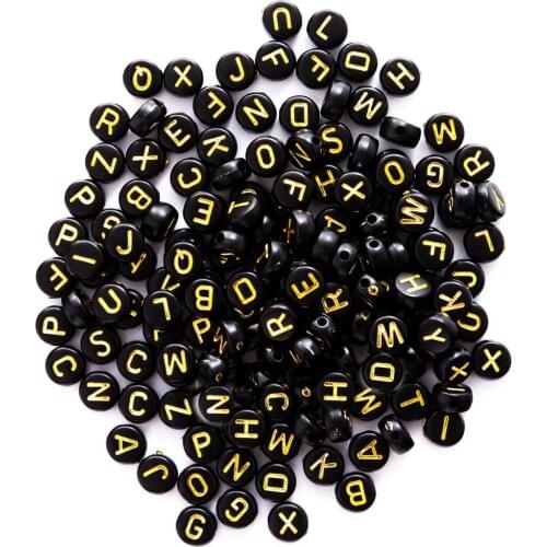 Black with Gold English Character Initial A-Z Letter Beads 4*7mm Coin Round Single Alphabet Plastic Alphabet Lucite Bead 3600pcs
