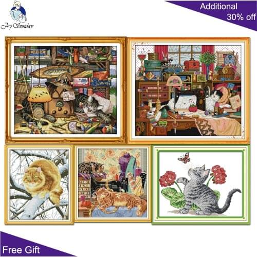 Joy Sunday Cat Home Decor D651D652D700D706D715 Sewing Machine Baby Cat Play Butterfly Fat Cat On Tree Sweet Dream Cross Stitch