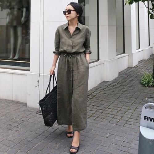 CHKELong Sleeve Cotton Shirt Dress Girls Long Leash The Rope To Get Thin Flax Shirt dress