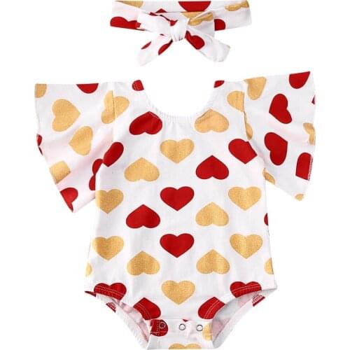 Baby Valentine Clothes Newborn Infant Baby Girl Ruffle Hearts Bodysuit Jumpsuit Bodysuit Headband Outfits 2Pcs Sets 0-18M