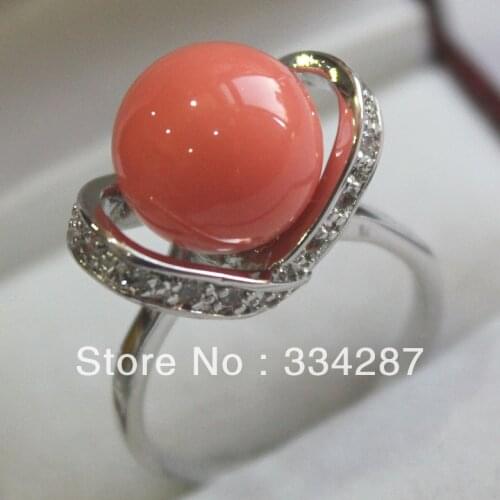 Beautiful coral Pink Sea Shell Pearl 12MM Beads Womens Gift Fashion Jewelry Ring