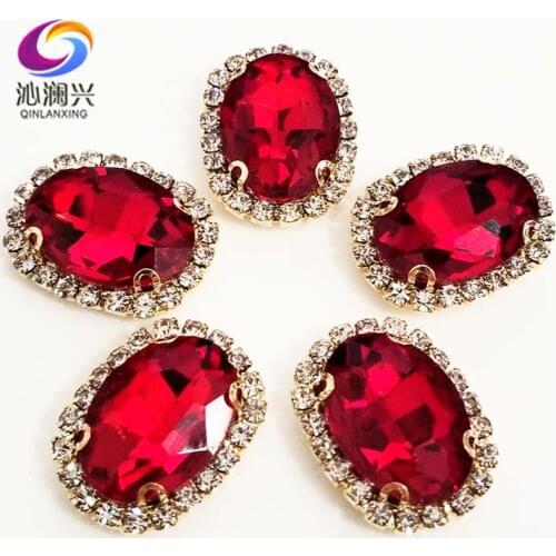 Red oval shape top quality Glass Crystal buckle,golden base sew on rhinestones with hole,Diy/Clothing/wedding decoration SWTKG07