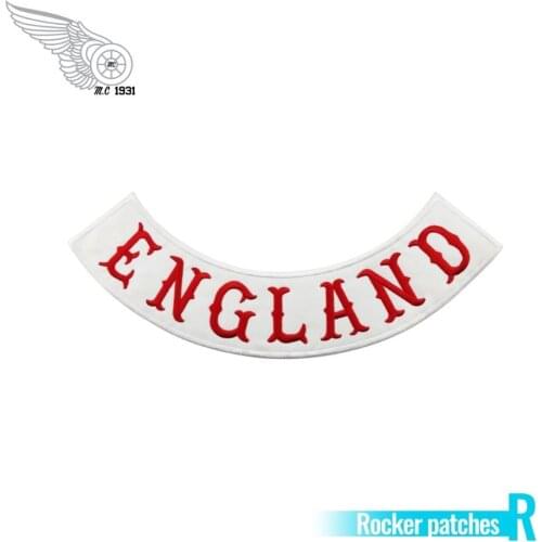 Red England Rocker Patches Customized Design White twill fabric Embroidered Iron On Back of Jacket Free Shipping DIY Custom