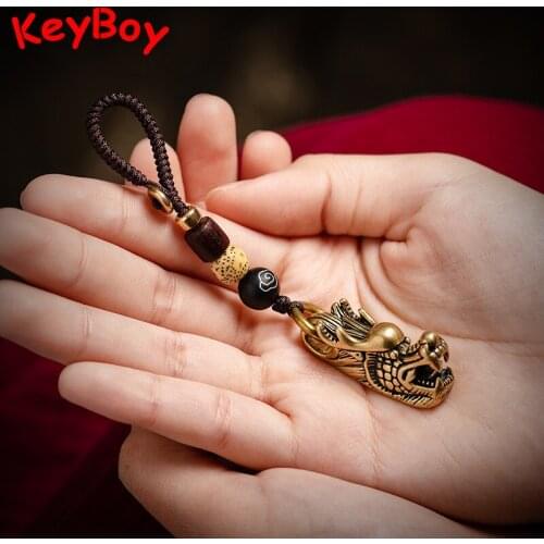 Metal Car Key Pendants Brass Dragon Head Rope Keychain Punk Men Pure Copper Jewelry Keyring Women Backpack Hanging Crafts Gifts