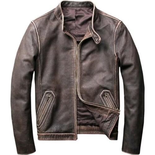 Automotive Mens Cow Leather Jackets Air Force Men Cowhide Overcoat Vintage 5XL Plus Size Brown Coat Real Leather Streetwear A004