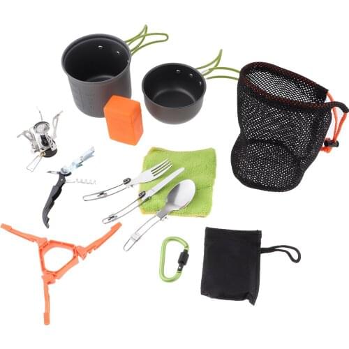 Non-Stick Camping Cutlery Set Pot Frying Pan Spoon Wine Opener Stove Stand