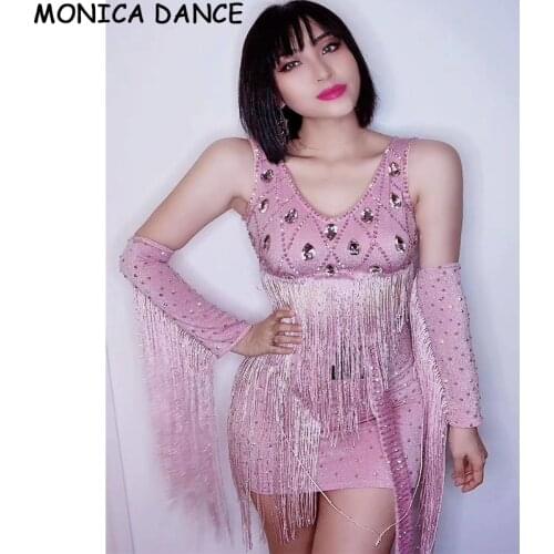 Sexy Stage Pink Rhinestone Fringe Spandex Top Short Skirt Gloves Bar Nightclub Birthday Wear Women Dancer DS Show Dress Set