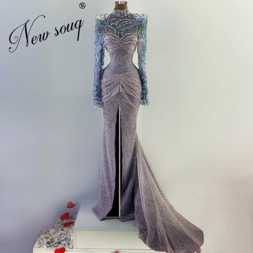 Luxury Sliver Mermaid Evening Gowns Robes New Arrival Women Celebrity Dresses Split Slit Prom Dresses 2021 Dubai Diamond Party