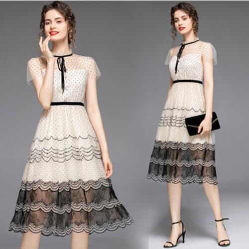 VERHELLEN Runway 2020 Summer new style beautifully embroidered Small dot lace stitching elegant temperament dress women