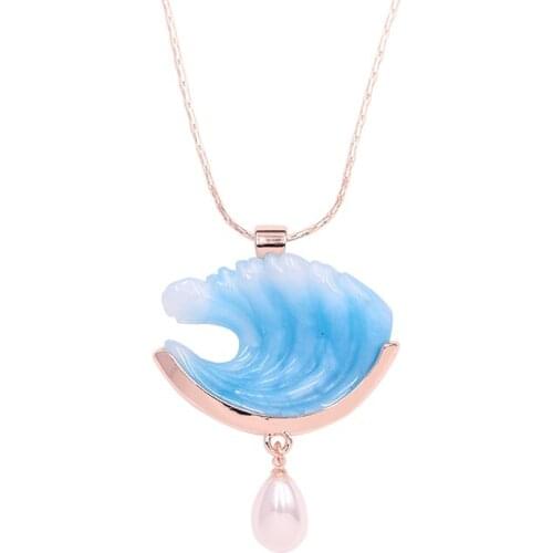 Fairy 3D Resin Wave Necklace For Women Pearl Charm Blue Ocean Waves Pendant Necklace Choker Necklace for Women Jewelry Gift