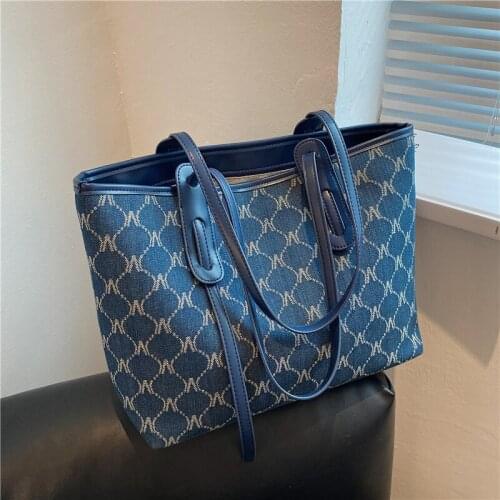 Vintage Stripe Printing Denim Large Tote Shoulder Bags For Women Designer Brand Simple Shopping Work Ladies Handbags Autumn 2021