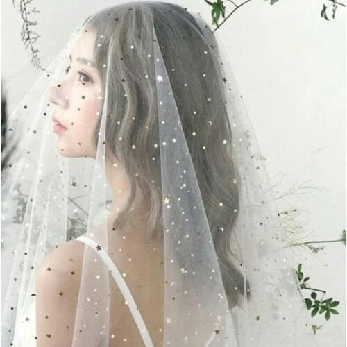 Women Sequins Stars Moon Short Wedding Veil Cathedral Ivory Bridal Headdress Bride Marriage Accessories