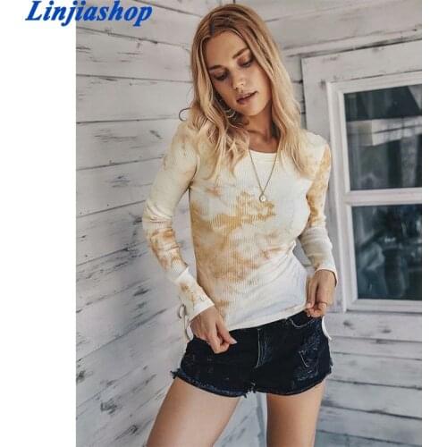 Linjiashop multicolor drop shoulder tie dye women T-shirts crop autumn winter sweatshirts long sleeve o neck casual cute tops