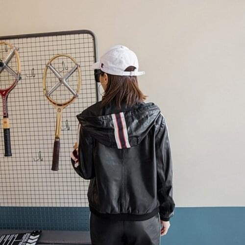 New Designer Women Colors Striped Hooded Bomber Jacket Casual Streetwear Coat Female Sheepskin Genuine Leather Jacket Outerwear