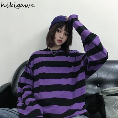 Hikigawa Womens Shirt Casual O-Neck Oversized Tees Korean Spring Fashion Purple Striped Long Sleeved Tops Loose Student T-shirt
