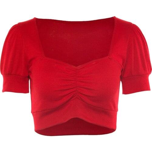 Ladies Puff Sleeve V-neck Knitted T-shirt Girls Solid Stretch Crop Tops Thin Knit Tops Women Sexy Nine Points Tops
