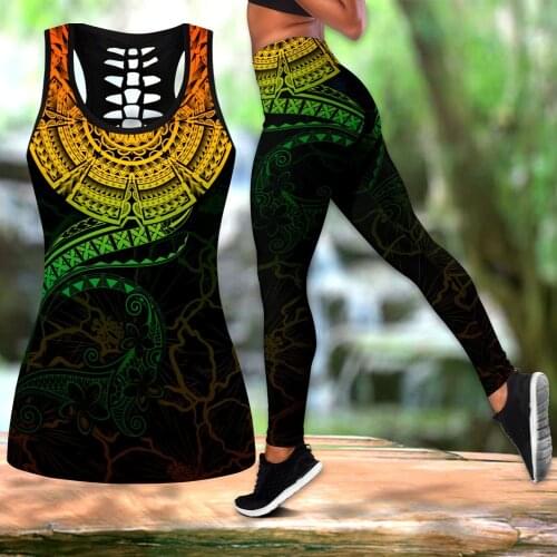 Polynesian Tattoo Pattern 3D Printed Hollow Tank Top & Leggings Set Fitness Female Full Length Leggings Running Pants DDK79