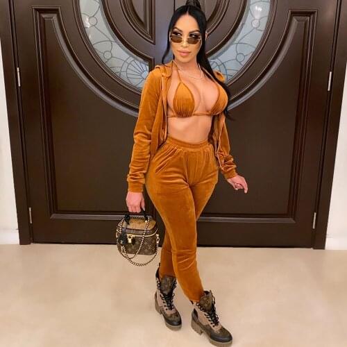 Velvet Sexy 3 Piece Set Women Halter Backless Bra Top + Long Sleeve Hoodies Jacket Coat + Pants Sweat Suits Woman Outfits Club