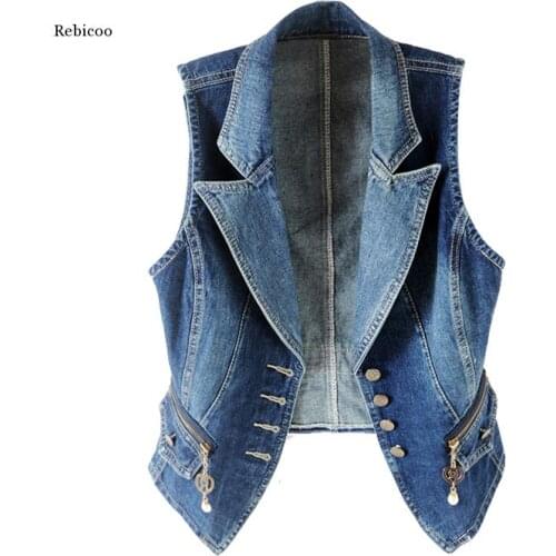 Women Denim Vest Jacket Spring Autumn Clothes Sleeveless Short Jeans Waistcoats Single-breasted Plus size Casual Female Tops