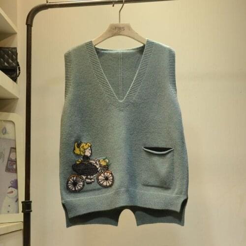 Knitted Sweater Vest Women Solid Animal 2021 V Neck Pullover Vintage Sleeveless Korean Female knitted waistcoats Sweater Tops