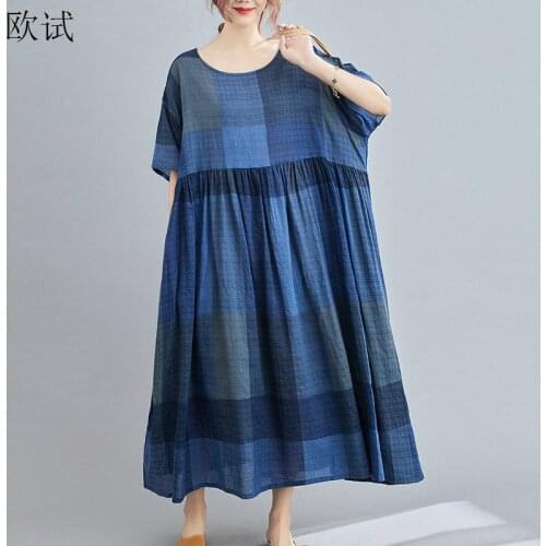 Plus Size Plaid Cotton Summer Dress Women Oversized Loose Long Ladies Dresses 4XL 5XL 6XL Robe Femme Casual Vintage Dress 2021