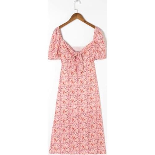 Summer womens casual flower print short-sleeved bow-knot decoration split slim dress