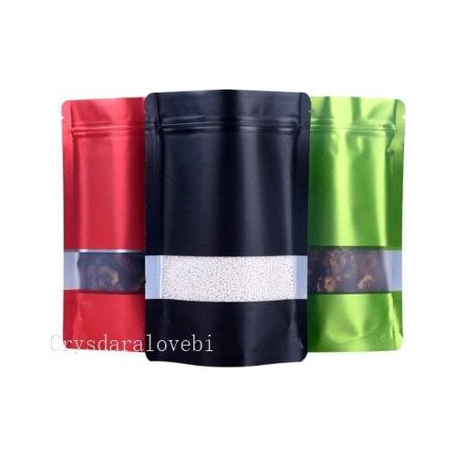 100pcs Self-supporting Packaging Bag Thick Color Aluminum Foil Zipper Food Nut Matte Display Window Packaging Sealed Bag