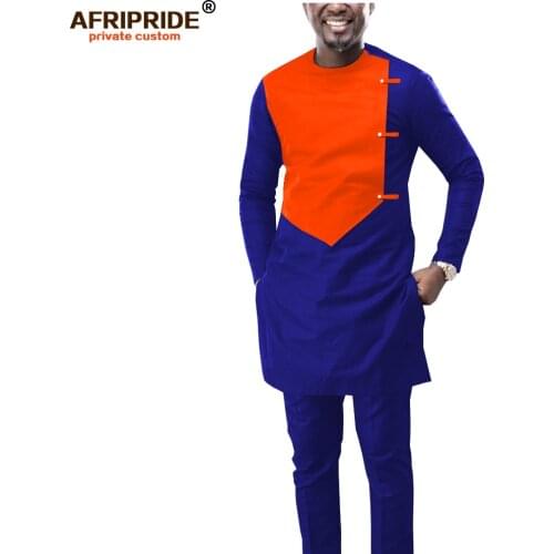 2019 African Men Outfit Dashiki Clothing Coats Jacket and Ankara Pants 2 Piece Set Wear Clothes Attire Wax AFRIPRIDE A1916039