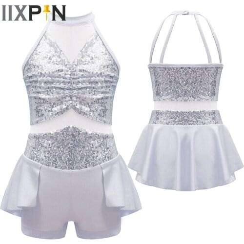 Ballet Leotards For Girls Jazz Dance Costumes Kids Sequins Halter Sleeveless Backless Ballet Dance Gymnastics Leotard Dress